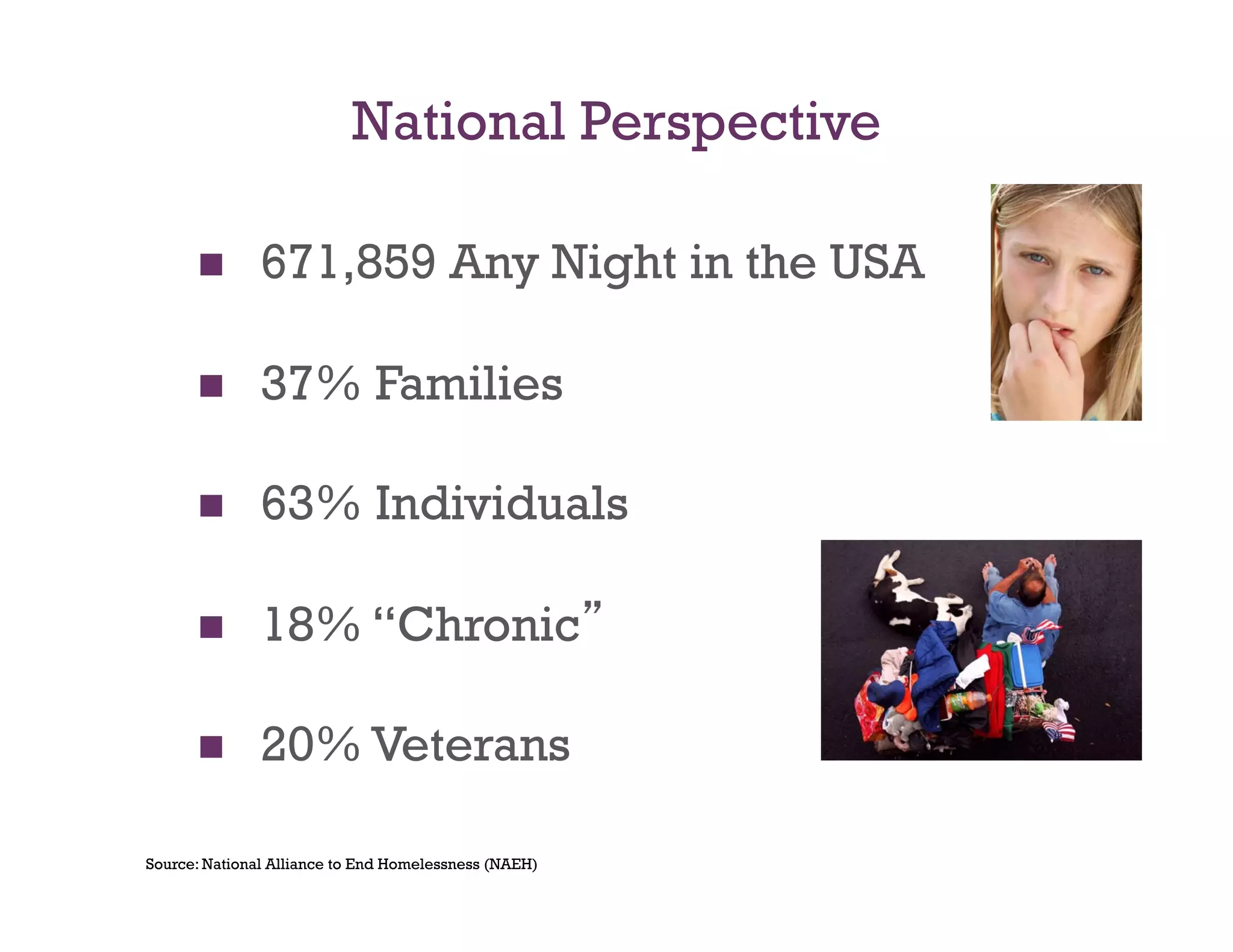 National Perspective

              671,859 Any Night in the USA

              37% Families

              63% Individuals

              18% “Chronic

              20% Veterans

Source: National Alliance to End Homelessness (NAEH)
 