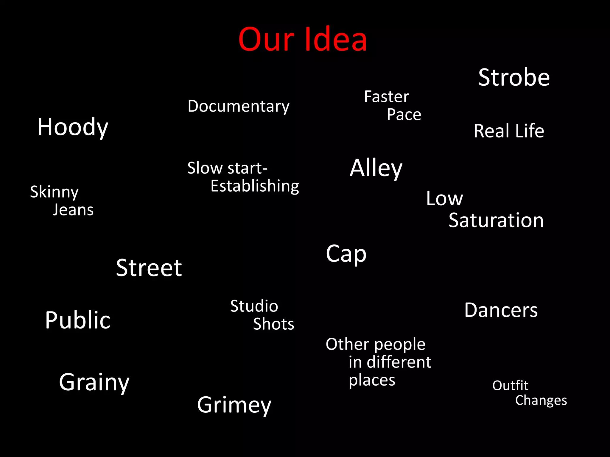 Our Idea
                                                          Strobe
                                           Faster
                    Documentary               Pace
Hoody                                                    Real Life
                    Slow start-          Alley
Skinny                 Establishing
   Jeans
                                                     Low
                                                       Saturation
                                      Cap
           Street
                         Studio                         Dancers
 Public                     Shots
                                      Other people
                                        in different
   Grainy                               places             Outfit
                                                              Changes
                     Grimey
 