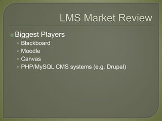  Biggest    Players
  • Blackboard
  • Moodle
  • Canvas
  • PHP/MySQL CMS systems (e.g. Drupal)
 