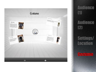 Audience
(1)
Audience
(2)
Settings/
Location
Costume

 