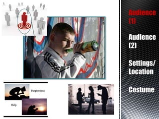 Audience
(1)
Audience
(2)
Settings/
Location
Costume

 