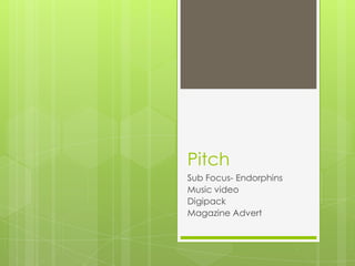 Pitch
Sub Focus- Endorphins
Music video
Digipack
Magazine Advert

 