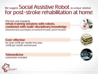 ra
R O B O T I C S
Abracadabra
R O B O T I C S
Abracadabra
Telemedicine
connection included
We suggest Social Assistive Robot as unique solution
for post-stroke rehabilitation at home:
Effective and engaging
rehab training sessions with robots,
combined with multi-disciplinary knowledge
(physiotherapist, psychologist, occupational therapist, speech therapist)
Cost-effective
for only 450$ per month first year,
240$ per month second year
 