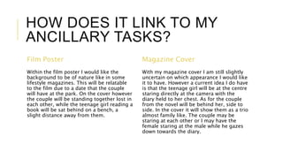 HOW DOES IT LINK TO MY 
ANCILLARY TASKS? 
Film Poster 
Within the film poster I would like the 
background to be of nature like in some 
lifestyle magazines. This will be relatable 
to the film due to a date that the couple 
will have at the park. On the cover however 
the couple will be standing together lost in 
each other, while the teenage girl reading a 
book will be sat behind on a bench, a 
slight distance away from them. 
Magazine Cover 
With my magazine cover I am still slightly 
uncertain on which appearance I would like 
it to have. However a current idea I do have 
is that the teenage girl will be at the centre 
staring directly at the camera with the 
diary held to her chest. As for the couple 
from the novel will be behind her, side to 
side. In the cover it will show them as a trio 
almost family like. The couple may be 
staring at each other or I may have the 
female staring at the male while he gazes 
down towards the diary. 
 