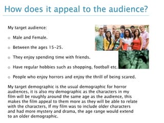 How does it appeal to the audience? 
My target audience: 
o Male and Female. 
o Between the ages 15-25. 
o They enjoy spending time with friends. 
o Have regular hobbies such as shopping, football etc. 
o People who enjoy horrors and enjoy the thrill of being scared. 
My target demographic is the usual demographic for horror 
audiences, it is also my demographic as the characters in my 
film will be roughly around the same age as the audience, this 
makes the film appeal to them more as they will be able to relate 
with the characters, If my film was to include older characters 
and had more mystery and drama, the age range would extend 
to an older demographic. 
 