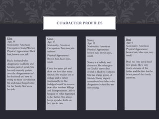 CHARACTER PROFILES
Elise
Age: 39
Nationality: American
Occupation: Social Worker
Physical Appearance: Black
hair, brown eyes, tall.
Had a husband who
disappeared suddenly and
became part of a cult. She
has only recently gotten
over the disappearance of
her husband and now is
trying to move on with her
life and make things better
for her family. She loves
her job.
Cindy
Age: 17
Nationality: American
Occupation: Part time job-
waitress
Physical Appearance:
Brown hair, hazel eyes,
small.
Cindy is a quiet girl and
does not have that many
friends. She studies law at
college and is rather
fascinated by it. She
indulges herself in current
news that involves killings
and disappearances , this is
because of what happened
to her father. She always
keeps a pocket knife on
her, just in case.
Nancy
Age: 11
Nationality: American
Physical Appearance:
brown hair, brown eyes,
small.
Nancy is a bubbly, loud
character. She often gets
on Cindy's nerves but
overall is liked by everyone.
She has a large group of
friends. Nancy vaguely
remembers her father who
disappeared when she was
very young.
Brad
Age: 6
Nationality: American
Physical Appearance:
brown hair, blue eyes, very
small.
Brad has only just joined
first grade. He is very
much unaware of his
father and the fact that he
is not part of the family
anymore.
 