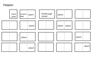 Flatplan
Front
cover
Double page
spread
Contents
page
advert
advert
advert
advertadvert advert
advert advert
advert
advert
 