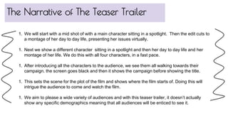 The Narrative of The Teaser Trailer
1. We will start with a mid shot of with a main character sitting in a spotlight. Then the edit cuts to
a montage of her day to day life, presenting her issues virtually.
1. Next we show a different character sitting in a spotlight and then her day to day life and her
montage of her life. We do this with all four characters, in a fast pace.
1. After introducing all the characters to the audience, we see them all walking towards their
campaign. the screen goes black and then it shows the campaign before showing the title.
1. This sets the scene for the plot of the film and shows where the film starts of. Doing this will
intrigue the audience to come and watch the film.
1. We aim to please a wide variety of audiences and with this teaser trailer, it doesn’t actually
show any specific demographics meaning that all audiences will be enticed to see it.
 