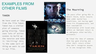 EXAMPLES FROM
OTHER FILMS
TAKEN
We have used an idea
from the film Taken.
Taken has a similar
plot of someone
going missing. Taken
uses lots of action
scenes to build up
the tension and make
it ‘thrilling’ this
is the same sort of
thing we want to use
in our film.
The Mourning
‘20 years after going MIA in
Desert Storm, Aaron returns
home under mysterious
conditions, not having aged
since his disappearance, and
must reestablish
relationships with loved ones
before an imminent return to
an ambiguous other-worldly
existence.’
We liked the idea of someone
that has gone missing and
after their return either
they don't recognise anyone
or no one recognises them.
 