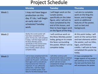 Project Schedule
Monday Tuesday Thursday
Week 1 I may not have begun
production on this
day. If I do, I will begin
an early start on
scheduled Tuesday
work.
I will begin work on the
Lunatic poster,
specifically on the Joker
figure, who I will aim to
have completed by the
end of this lesson, and
then to have begun work
on the figure of the King.
I will aim to complete
work on the King this
lesson, and to begin
work on additional
features of the poster,
such as text and
background.
Week 2 Ideally, the Lunatic poster will
have been completed at this
point. If it has not, I will complete
it today. I will then begin work on
the Brass Monkey poster,
specifically on the central scene
of the protagonist taking the
brass monkey, which I aim to
complete today.
I will continue work on
the Brass Monkey poster
today, going on to create
the faces surrounding
the poster, Which I am to
complete today.
At this point today, I will
work on the various font
and text elements within
the poster, such as titles,
logos, and fictional
credits. I will aim to have
completed this poster by
today.
Week 3 I aim to have completed both the
Lunatic and the Brass Monkey
posters by this point. I will look at
them again and try and add any
improvements that I think are
important. If I can sufficiently
achieve this, I will then begin
work on another poster, most
likely for the Mind Sweeper beer.
I will either continue with
improvements today or continue
to work on the new poster, for
which I will aim to have
completed the design and image
aspects of by today.
If I have completed the
image aspects of my poster, I
will continue on to choose
the text and the fonts that
will accompany the poster.
 