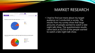 MARKET RESEARCH
• I had to find out more about my target
audience so I conducted a survey. The
results from my survey show that large
amounts of people wanted to watch a late
night talk show. The questionnaire results
came back as 62.5% of the people wanted
to watch a late night talk show.
 