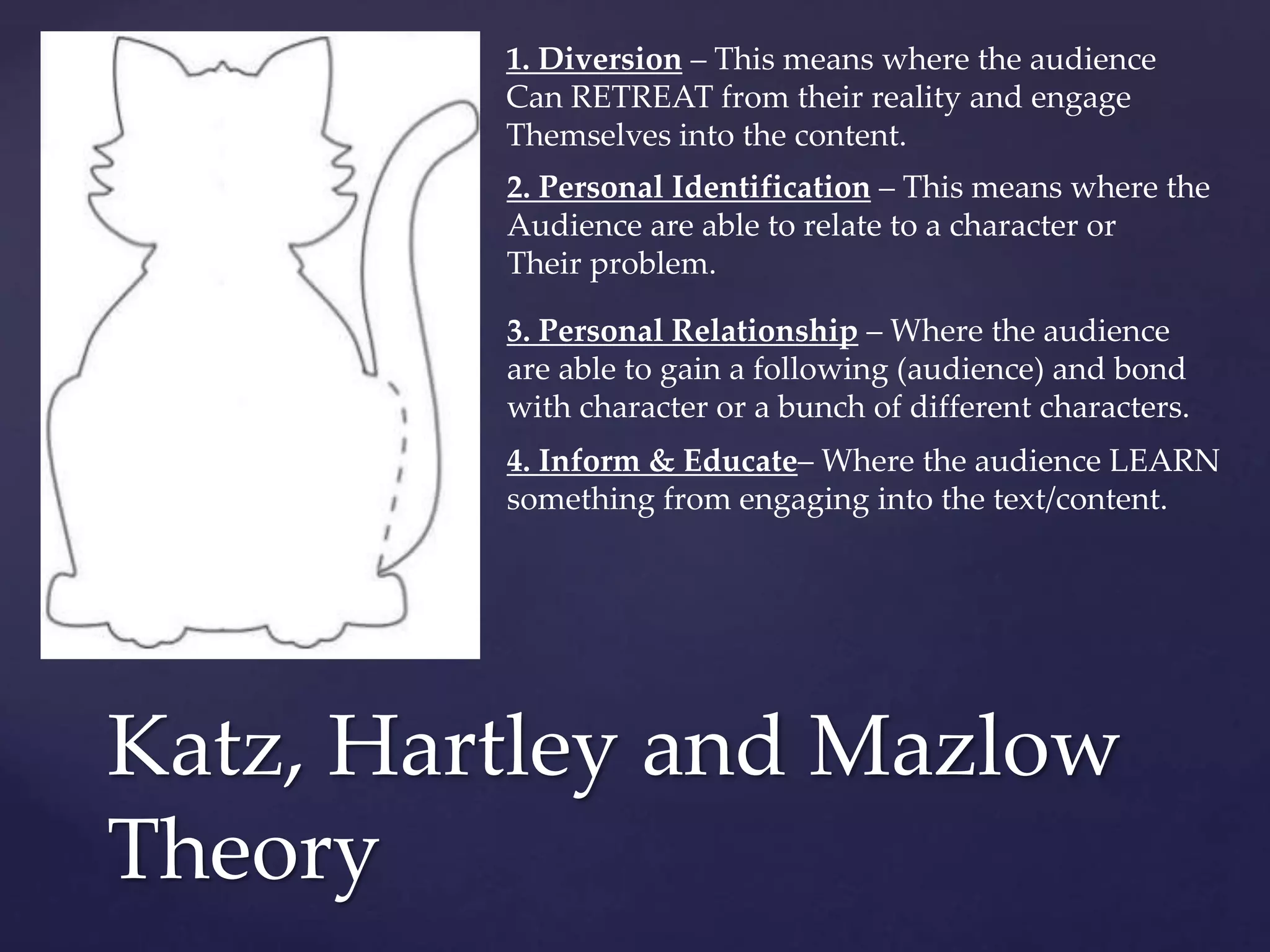 Katz, Hartley and Mazlow
Theory
1. Diversion – This means where the audience
Can RETREAT from their reality and engage
Themselves into the content.
2. Personal Identification – This means where the
Audience are able to relate to a character or
Their problem.
3. Personal Relationship – Where the audience
are able to gain a following (audience) and bond
with character or a bunch of different characters.
4. Inform & Educate– Where the audience LEARN
something from engaging into the text/content.
 