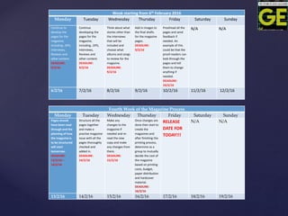 Week starting from 6th February 2016
Monday Tuesday Wednesday Thursday Friday Saturday Sunday
Continue to
develop the
pages for the
magazine,
including…DPS,
Interviews,
Reviews and
other content.
DEADLINE:
9/2/16
Continue
developing the
pages for the
magazine,
including…DPS,
Interviews,
Reviews and
other content.
DEADLINE:
9/2/16
Think about what
stories other than
the interviews
that will be
included and
choose what
albums and songs
to review for the
magazine.
DEADLINE:
9/2/16
Add in images to
the final drafts
for the magazine
pages.
DEADLINE:
9/2/16
Proofread all the
pages and send
feedback if
needed. An
example of this
could be that the
proof-readers can
look through the
pages and tell
them to change
anything if
needed.
DEADLINE:
10/2/16
N/A N/A
6/2/16 7/2/16 8/2/16 9/2/16 10/2/16 11/2/16 12/2/16
Fourth Week of the Magazine Process
Monday Tuesday Wednesday Thursday Friday Saturday Sunday
Pages should
have been read
through and the
planning of how
the magazine is
to be structured
will start
tomorrow.
DEADLINE:
13/2/16 –
14/2/16
Structure all the
pages together
and make a
practise magazine
issue with all the
pages thoroughly
checked and
added in.
DEADLINE:
14/2/16
Make any
changes to the
magazine if
needed and re-
read the new
copy and make
any changes from
there.
DEADLINE:
15/2/16
Once changes are
done then start to
create the
magazines and
after finishing the
printing process,
determine as a
group to mutually
decide the cost of
the magazine
based on printing
costs, budget,
paper distribution
and hardcover
material.
DEADLINE:
16/2/16
RELEASE
DATE FOR
TODAY!!!
N/A N/A
13/2/16 14/2/16 15/2/16 16/2/16 17/2/16 18/2/16 19/2/16
 