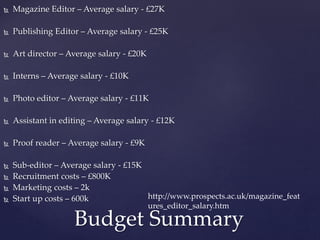  Magazine Editor – Average salary - £27K
 Publishing Editor – Average salary - £25K
 Art director – Average salary - £20K
 Interns – Average salary - £10K
 Photo editor – Average salary - £11K
 Assistant in editing – Average salary - £12K
 Proof reader – Average salary - £9K
 Sub-editor – Average salary - £15K
 Recruitment costs – £800K
 Marketing costs – 2k
 Start up costs – 600k
Budget Summary
http://www.prospects.ac.uk/magazine_feat
ures_editor_salary.htm
 
