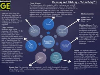 Generation
of Ideas
Colour
Names for
my
Masthead
Identity of
Brand
Images
used for
my
Magazine
Release
Date
Target
Audience
Range
Price of my
Magazine
Price: The price range that I
will set on my magazine will
be set around £1.30, this is so
that my fans can buy the
magazine all the time without
worrying about their own
expenses. Identity of brand : There
will be certain features that
will be seen consistently
throughout the magazine
which will include technical
convergence, this is like self-
advertisement of the brand, it
will be applied through
social media links such as
Facebook, Twitter and
Instagram
Images: For my front cover, the
main image will always be centred
in the middle with new stars and
musicians. This implies that the
presence and strength of the eclectic
of both genres; rock and hip-hop, as
well as promoting and advertising
the main article of the artist that is
featured. The technical code of this
image will most likely be a medium
shot or a close up.
Masthead Names:
Golden Era = GE
(chosen name)
Music = M
Release Date: The magazine will be released on a weekly basis. Strategically, I chose to
release it on a weekly basis because the price is affordable and I can achieve a regular fan
base by selling weekly.
Target Audience:
My target range for the
magazine will be of ages 13- 25.
I chose this range mainly
because of the genre of the
magazine consist of rock music
but may also have odd features
of R ‘n’ B and Hip Hop. The
target gender of the magazine
will be dominantly male,
within the content there will be
a balanced amount of adverts
that are aimed at both genders.
I looked at other magazine
such as XXL to make my choice
on the content and age range.
Additionally on the front cover
the person who is featuring
will have some appeal to both
males and females.
Colour Scheme:
The colour scheme of the magazine will be black, gold and white. I
have chosen this colour scheme as this can convey to the reader that
the content is earthly and natural but can be effective as the colours are
sort of similar to what XXL or Q would use. They use their main
colour consistently throughout some of their magazine layouts. The
colour scheme in both drafts are the same but the layout will be
different to convey originality and it’s different.
Planning and Pitching – “Mind Map’’ 1
 