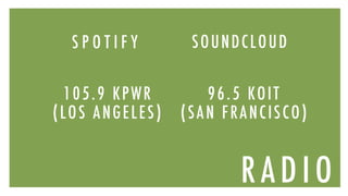 R A D I ON E W S P A P E R
R A D I O
S P O T I F Y SOUNDCLOUD
105.9 KPWR
(LOS ANGELES)
96.5 KOIT
(SAN FRANCISCO)
 