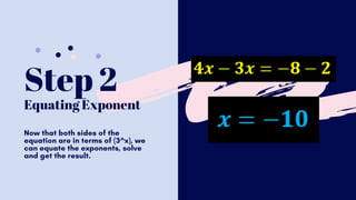 Step 2
Equating Exponent
Now that both sides of the
equation are in terms of (3^x), we
can equate the exponents, solve
and get the result.
 