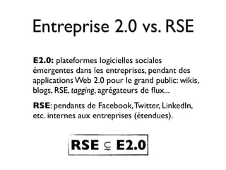 Entreprise 2.0 vs. RSE
E2.0: plateformes logicielles sociales
émergentes dans les entreprises, pendant des
applications Web 2.0 pour le grand public: wikis,
blogs, RSE, tagging, agrégateurs de ﬂux...
RSE: pendants de Facebook,Twitter, LinkedIn,
etc. internes aux entreprises (étendues).
RSE ⊊ E2.0
 