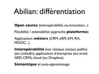 Abilian: différentiation
Open source (interopérabilité, co-innovation...)
Flexibilité / extensibilité (approche plateforme)
Applications métiers (CRM, xRM, KM, RH,
MOOC...)
Interopérabilité avec réseaux sociaux publics
(ex: LinkedIn), applications d’entreprise (ex: email,
GED, CRM), cloud (ex: Dropbox)
Sémantique et auto-apprentissage
 