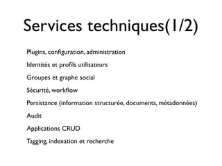 Services techniques(1/2)
Plugins, conﬁguration, administration
Identités et proﬁls utilisateurs
Groupes et graphe social
Sécurité, workﬂow
Persistance (information structurée, documents, métadonnées)
Audit
Applications CRUD
Tagging, indexation et recherche
 