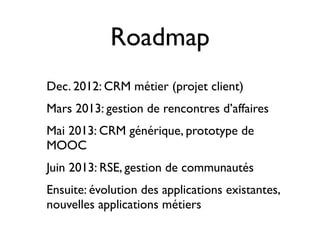 Roadmap
Dec. 2012: CRM métier (projet client)
Mars 2013: gestion de rencontres d’affaires
Mai 2013: CRM générique, prototype de
MOOC
Juin 2013: RSE, gestion de communautés
Ensuite: évolution des applications existantes,
nouvelles applications métiers
 