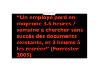 “Un employé perd en
moyenne 3.5 heures /
semaine à chercher sans
succès des documents
existants, et 3 heures à
les recréer” (Forrester
2005)
 