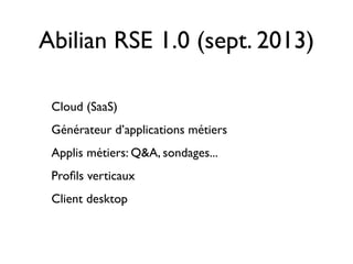 Abilian RSE 1.0 (sept. 2013)
Cloud (SaaS)
Générateur d’applications métiers
Applis métiers: Q&A, sondages...
Proﬁls verticaux
Client desktop
 