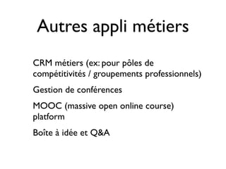 Autres appli métiers
CRM métiers (ex: pour pôles de
compétitivités / groupements professionnels)
Gestion de conférences
MOOC (massive open online course)
platform
Boîte à idée et Q&A
 