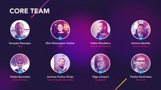 CORE TEAM
CORE TEAM
Vadim Khodakou
Head of Development
Dovydas Riasnojus
CEO
Elina Mesengiser Garber
CMO
Antonio Bechtle
Creative Director
Olga Lempert
Copywriter
Vaidas Barauskas
Head of Design
Aurimas Paulius Girčys
Head of Digital Advertising
Paulius Kaminskas
Tech Lead
 