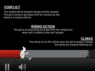CONFLICT
The conflict will be between the girl and the vampire.
The girl is trying to get away from the vampire as she
thinks it is trying to kill her.
CLIMAX
The climax of our film will be when the girl is trying to escape
the hands the vampire following her.
RISING ACTION
The girl is running trying to escape from the vampire but
when she is unable to she can’t escape.
 