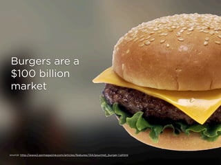 Burgers are a
$100 billion
market




source: http://www2.qsrmagazine.com/articles/features/134/gourmet_burger-1.phtml
 