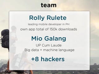 team

    Rolly Rulete
    leading mobile developer in PH
own app total of 150k downloads

      Mio Galang
        UP Cum Laude
  Big data + machine language

      +8 hackers
 