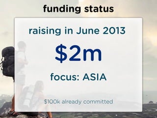 funding status

raising in June 2013

      $2m
     focus: ASIA

   $100k already committed
 