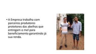 • A Empresa trabalha com
parceiros produtores
protetores das abelhas que
entregam o mel para
beneficiamento garantindo já
sua renda.
 