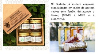No Sudeste já existem empresas
especializadas em meles de abelhas
nativas sem ferrão, destacando o
terroir, (COMO a MBEE e a
BEELIVING).
 