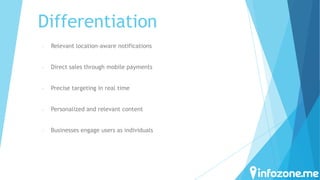 Differentiation
-

Relevant location-aware notifications

-

Direct sales through mobile payments

-

Precise targeting in real time

-

Personalized and relevant content

-

Businesses engage users as individuals

 