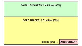 SMALL BUSINESS: 2 million (100%)

SOLE TRADER: 1.3 million (65%)

80,000 (3%) → ACCOUNTANT

 