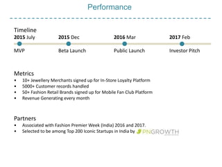 Performance
Timeline
2015 July 2015 Dec 2016 Mar 2017 Feb
MVP Beta Launch Public Launch Investor Pitch
Metrics
• 10+ Jewellery Merchants signed up for In-Store Loyalty Platform
• 5000+ Customer records handled
• 50+ Fashion Retail Brands signed up for Mobile Fan Club Platform
• Revenue Generating every month
Partners
• Associated with Fashion Premier Week (India) 2016 and 2017.
• Selected to be among Top 200 Iconic Startups in India by
 