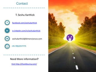 Contact
facebook.com/seshukarthick
in.linkedin.com/in/seshukarthick
seshukarthick@dimensionsco.com
+91 9962257775
in
Need More information?
Visit http://thankbunny.com/
T. Seshu Karthick
 