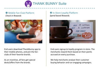 THANK BUNNY Suite
 Mobile Fan-Club Platform
Check-in Rewards
 In-Store Loyalty Platform
Spend based Rewards
End users download ThankBunny app to
their mobile phones, and join the fan-
clubs of their favorite brands.
As an incentive, all fans get special
deals/offers from the brands.
End users signup to loyalty program in-store. The
merchants reward them based on their points
accrued on every purchase.
We help merchants analyze their customer
buying behavior and run engaging campaigns.
 