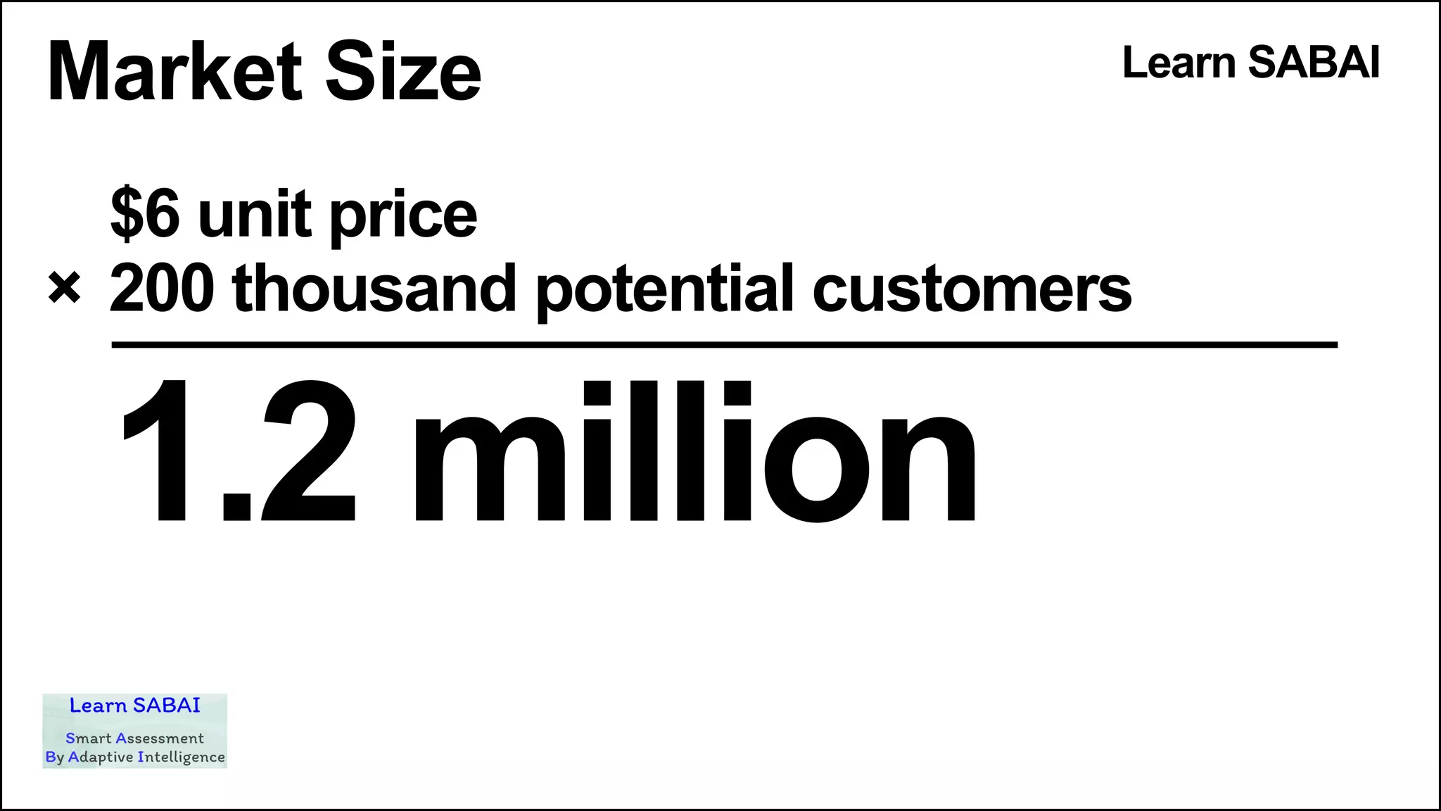 Market Size Learn SABAI
$6 unit price
× 200 thousand potential customers
1.2 million