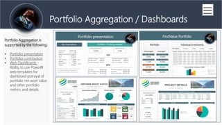 (Series A Financing)
Portfolio Aggregation / Dashboards
Portfolio Aggregation is
supported by the following;
? Portfolio presentation
? Portfolio contribution
? Web DashBoards -
Ability to use PowerBI
web templates for
dashboard potrayal of
portfolio net asset value
and other portfolio
metrics and details.
 