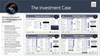 (Series A Financing)
The Investment Case
Managing the process
by tracking progress and
parameters;
? Registering the
investment case with a
unique identifier.
? Investment status -
tracking where in the
investment process the
investment case is.
? Ability to upload
description and Video
debrief explaining the
process and investment.
? Store investment
parameters associated
with the investment
case.
 