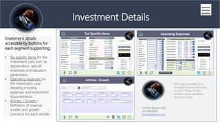 (Series A Financing)
Investment Details
Investment details
accessible by buttons for
each segment supporting;
? Tax specific items for the
investment case such as
depreciation, special
investives and valuation
parameters.
? Operating expenses for
the investment case
detailing monthly
expenses and investment
dispursements.
? Articles / Growth C
Definition of revenue
articles and growth
scenarios for each articles
All models available for a
licensing fee and distributed
in Excel / Power BI with
defined inputs, calculation
and output tabs.
Contact Bj?rnar Eide
(47) 90258110,
blnoeide@msn.com
 
