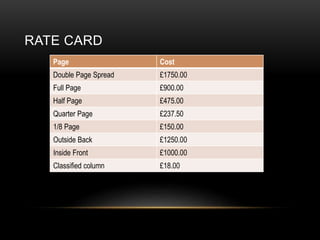 RATE CARD
Page Cost
Double Page Spread ?1750.00
Full Page ?900.00
Half Page ?475.00
Quarter Page ?237.50
1/8 Page ?150.00
Outside Back ?1250.00
Inside Front ?1000.00
Classified column ?18.00
 