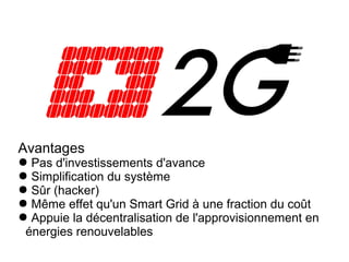 Avantages
● Pas d'investissements d'avance
● Simplification du système
● Sûr (hacker)
● Même effet qu'un Smart Grid à une fraction du coût
● Appuie la décentralisation de l'approvisionnement en
 énergies renouvelables
 