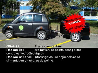 mo rque
                                         Re
                                                        00.-
                                                 3 5' 0
                                          CH F




Off-Grid:          Traire des vaches
Réseau îlot:       production de pointe pour petites
centrales hydroélectriques
Réseau national: Stockage de l’énergie solaire et
alimentation en charge de pointe
 