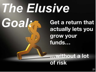 21
The Elusive
Goal: Get a return that
actually lets you
grow your
funds…
…without a lot
of risk
 