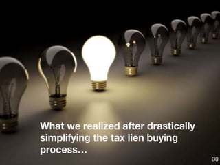 What we realized after drastically
simplifying the tax lien buying
process…
30
 