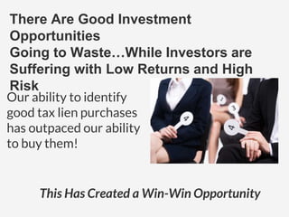 There Are Good Investment
Opportunities
Going to Waste…While Investors are
Suffering with Low Returns and High
Risk
Our ability to identify
good tax lien purchases
has outpaced our ability
to buy them!
This Has Created a Win-Win Opportunity
 